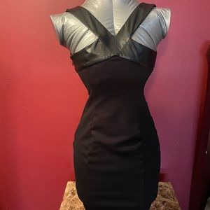 Guess XS Black Dress Bodycon V-Neck Sleeveless Knee Length Faux Leather Detail